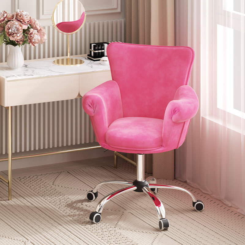 Velvet Adjustable Height Rolling Desk Chair Upholstered Armchair Vanity Chair with Wheels Armrest
